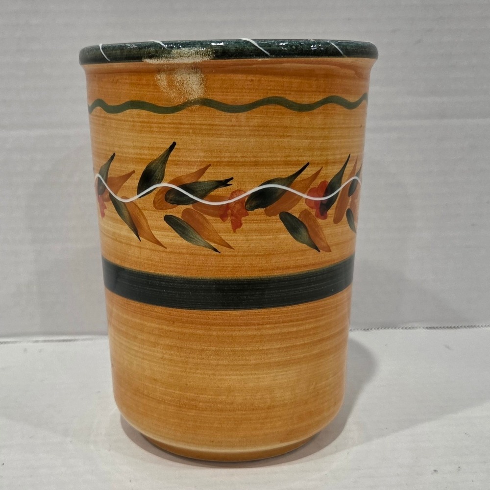 Furio Home Handmade Italian Ceramic Crock Utensil Holder Yellow Leaf Pattern